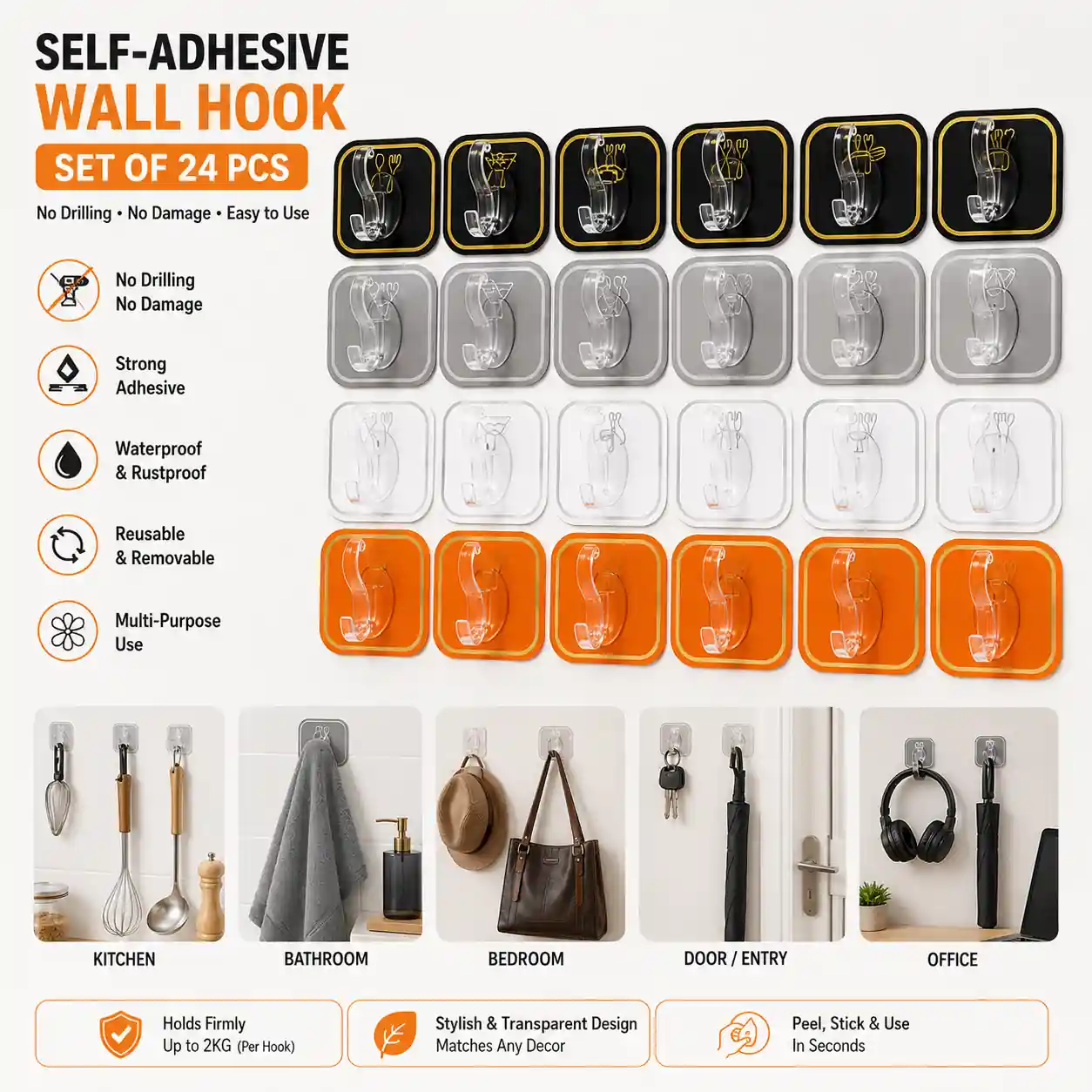 Self-Adhesive Wall Hooks – 12/24 Pcs Multi-Purpose Sticky Hanger Set - মাল্টি-কালার আঠালো হুক সেট (১২/২৪ পিস) – কিচেন, বাথরুম ও দরজার অর্গানাইজার